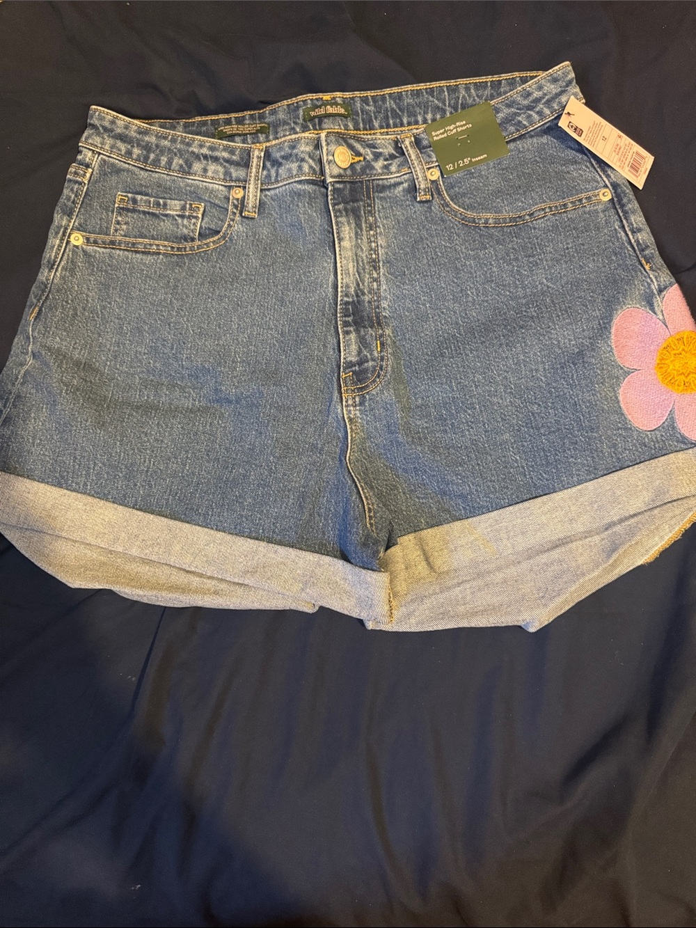New Wild Fable Denim High-Rise Rolled Cuff Shorts with Flower Embroidery - 12/R